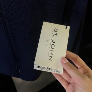 St. John by Marie Gray evening navy studded zip up jacket and golden navy hat.
